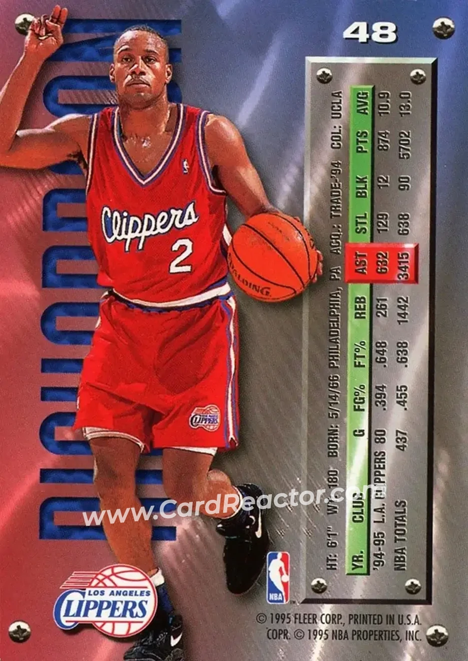 1995-96 Metal #48 - Pooh Richardson - Los Angeles Clippers - Back