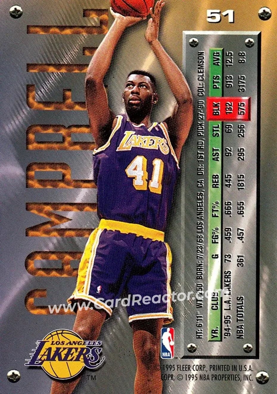 1995-96 Metal #51 - Elden Campbell - Los Angeles Lakers - Back