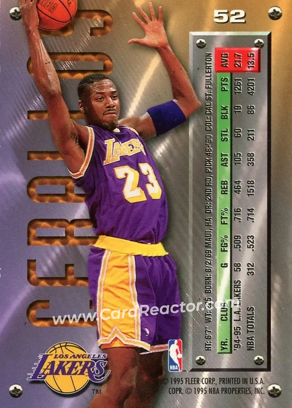 1995-96 Metal #52 - Cedric Ceballos - Los Angeles Lakers - Back