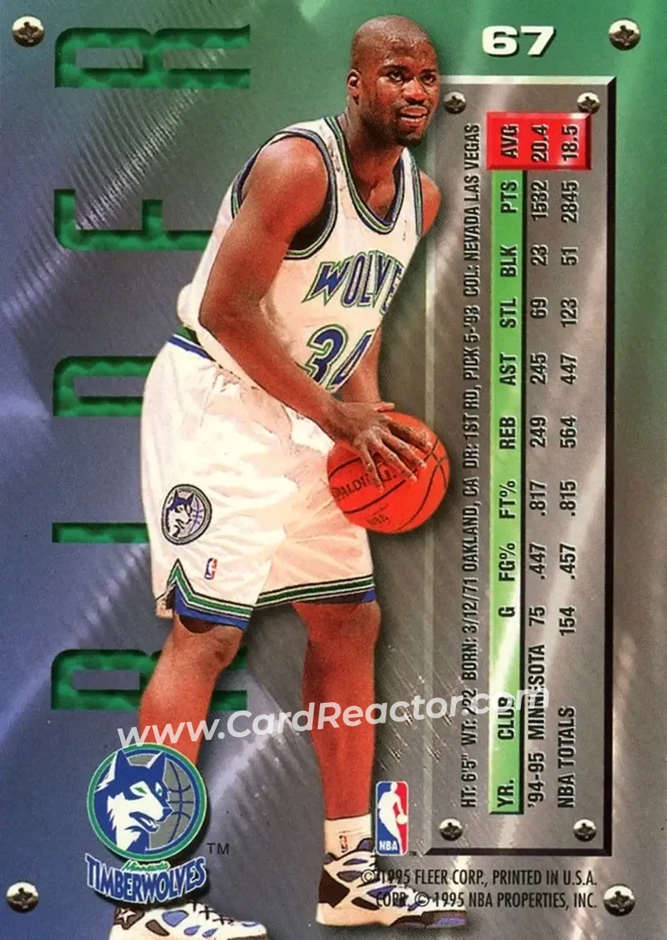 1995-96 Metal #67 - Isaiah Rider - Minnesota Timberwolves - Back