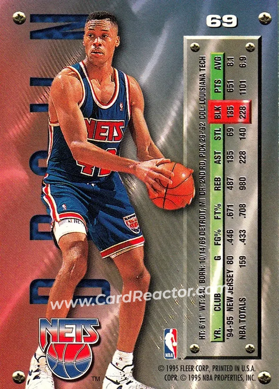 1995-96 Metal #69 - P.J. Brown - New Jersey Nets - Back