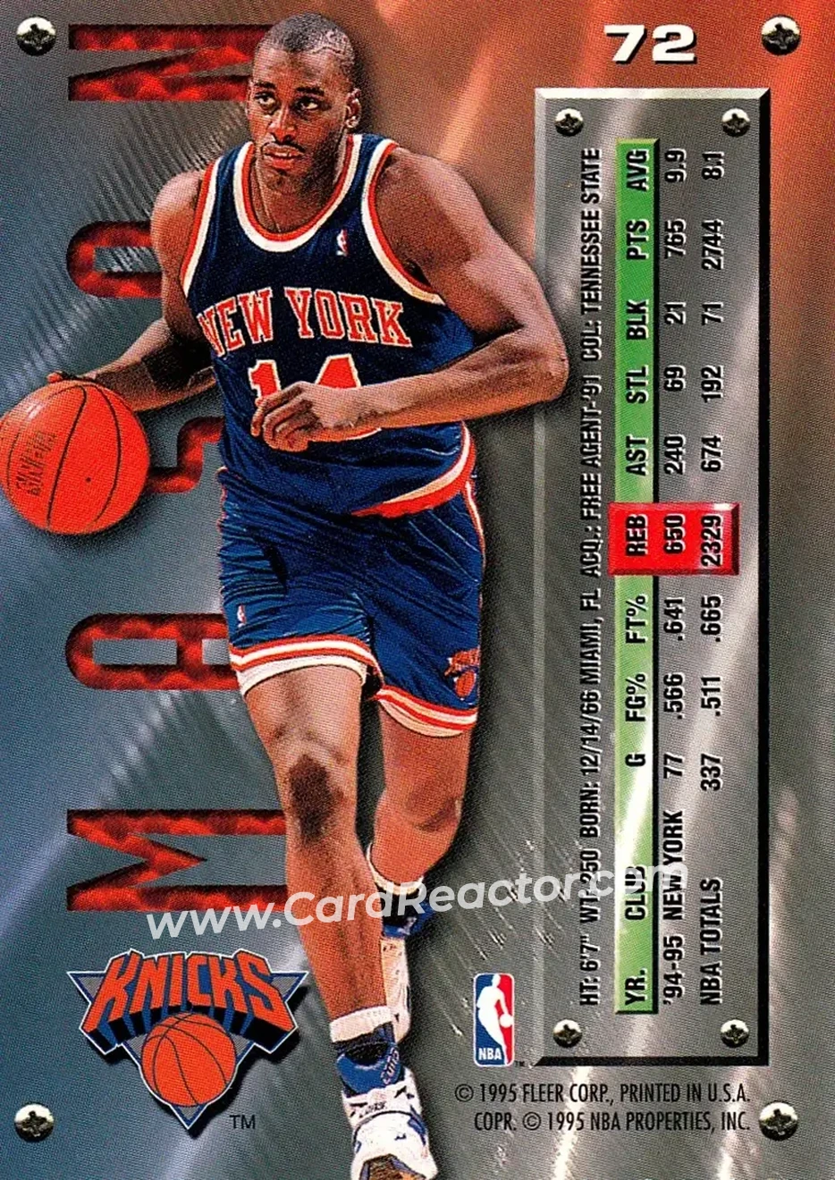 1995-96 Metal #72 - Anthony Mason - New York Knicks - Back 1995-96 Metal #72 - Anthony Mason - New York Knicks - Back