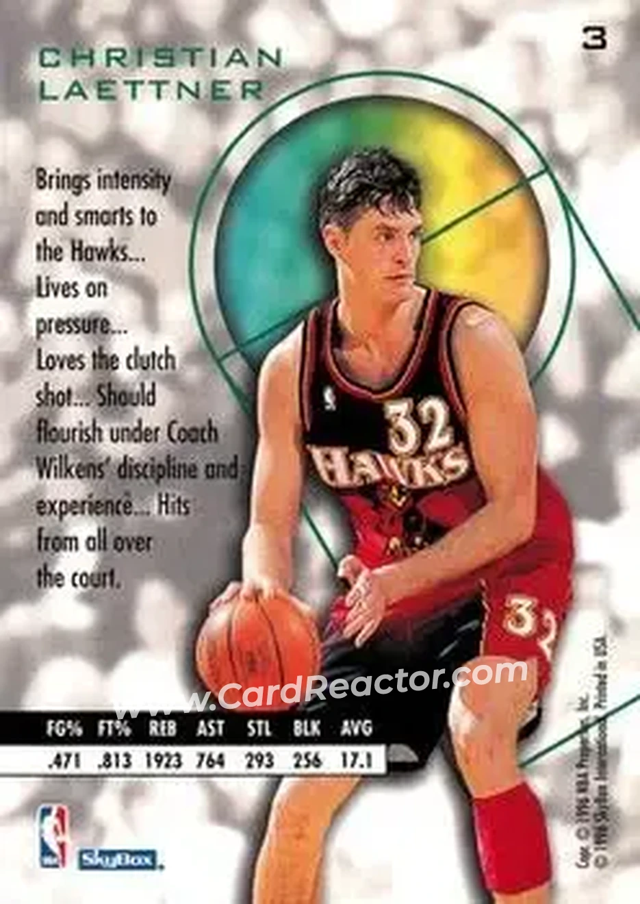 1995-96 SkyBox E-XL #3 - Christian Laettner - Atlanta Hawks - Back