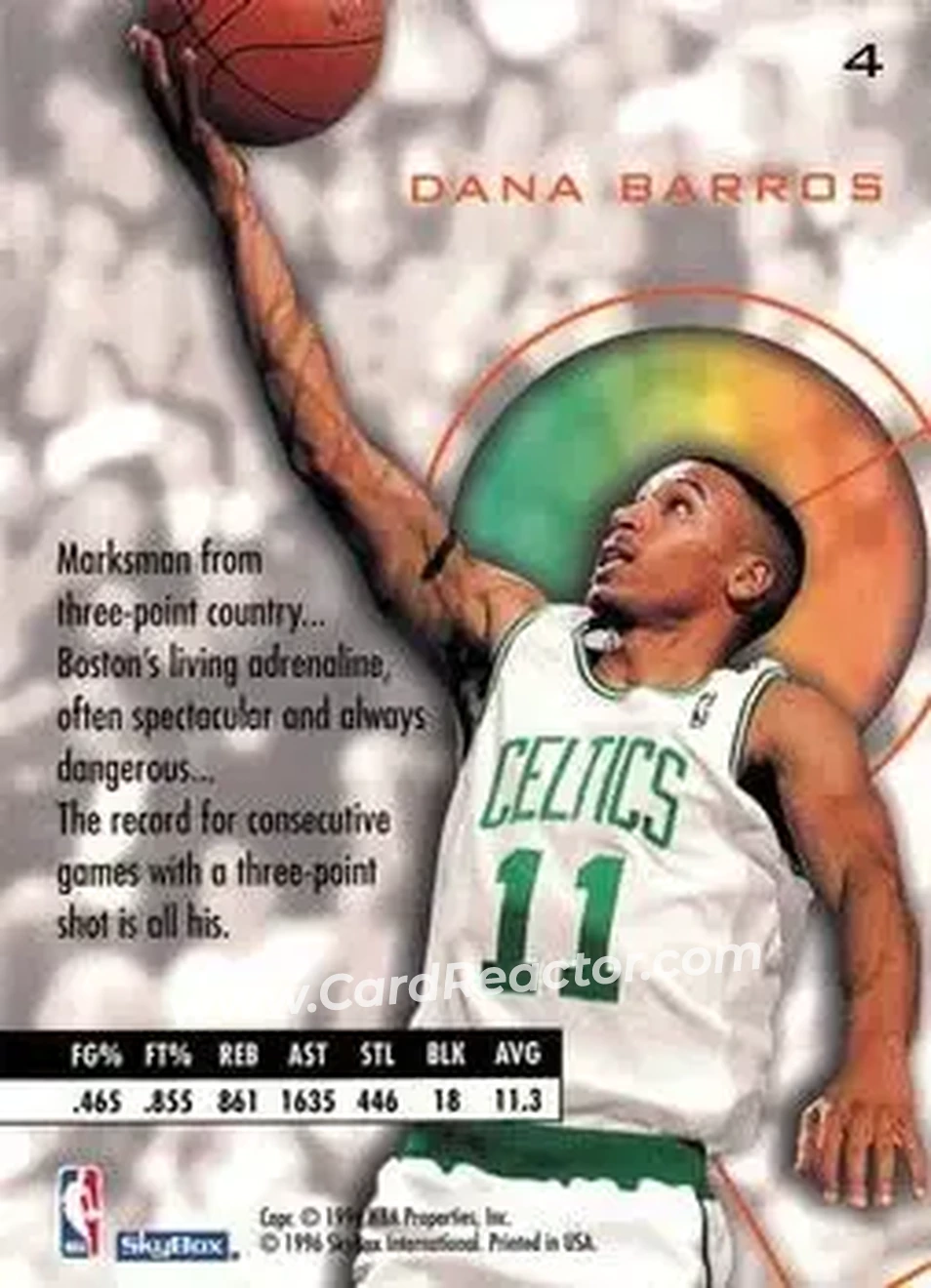 1995-96 SkyBox E-XL #4 - Dana Barros - Boston Celtics - Back