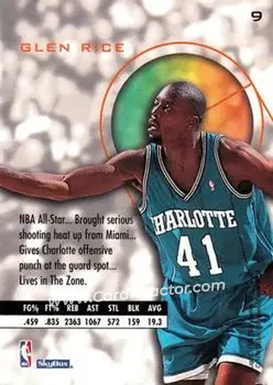 1995-96 SkyBox E-XL #9 - Glen Rice - Charlotte Hornets - Back