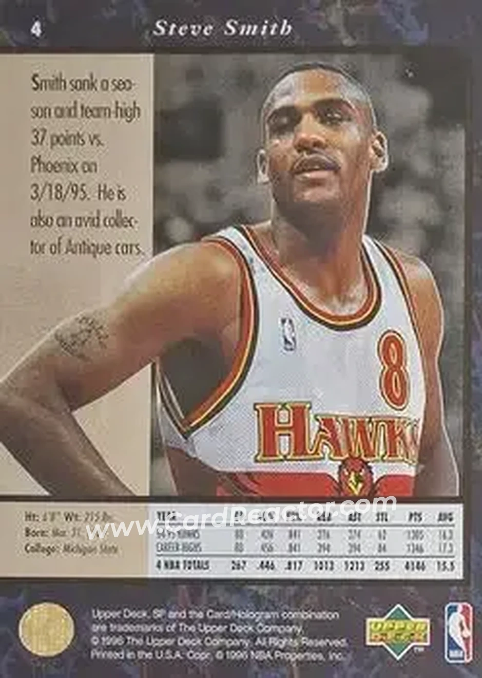 1995-96 SP #4 - Steve Smith - Atlanta Hawks - Back