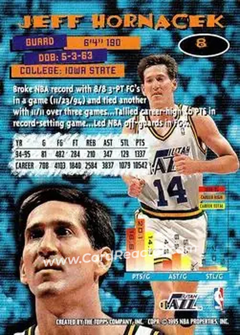 1995-96 Stadium Club #8 - Jeff Hornacek - Utah Jazz - Back