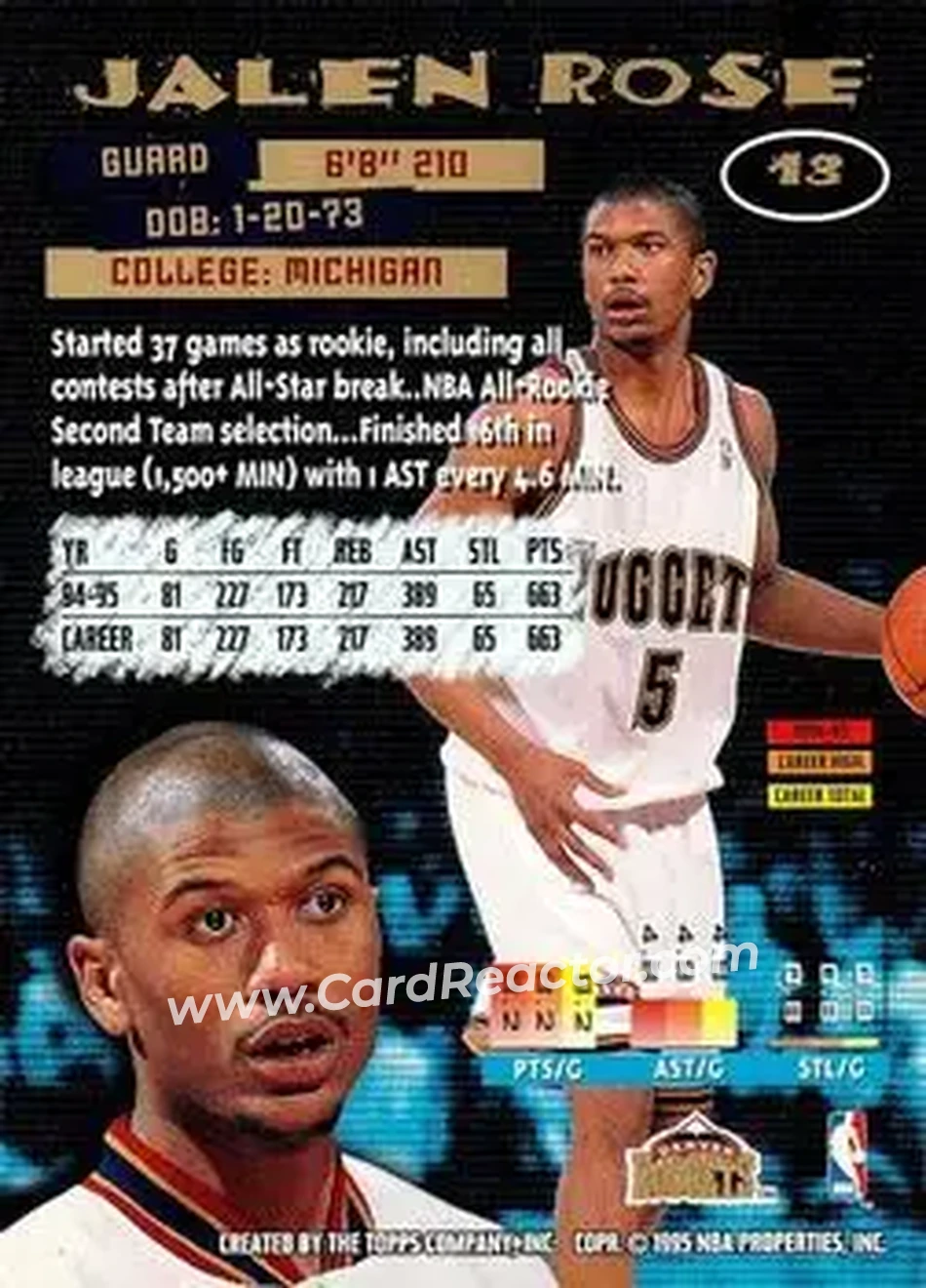1995-96 Stadium Club #13 - Jalen Rose - Denver Nuggets - Back