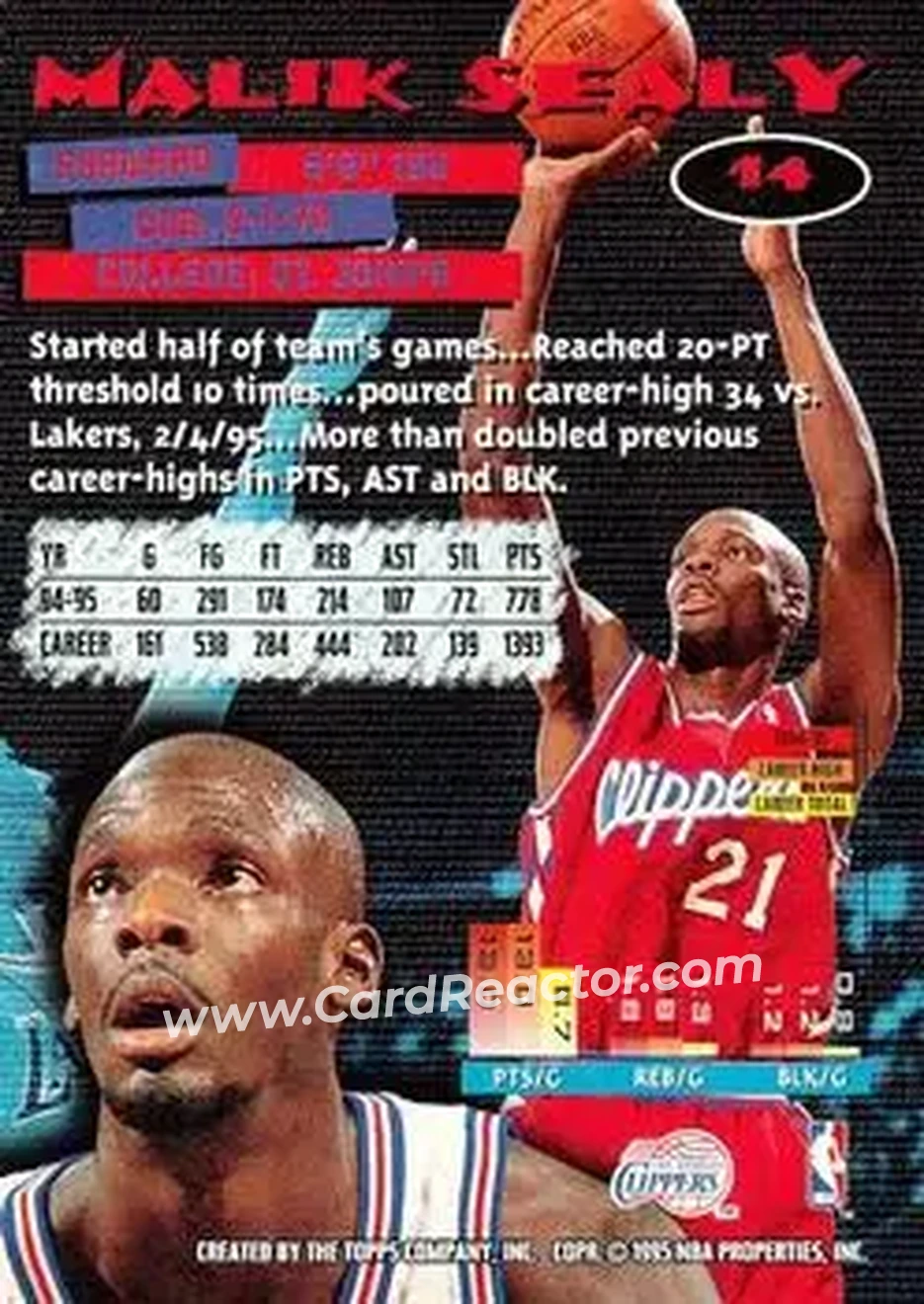 1995-96 Stadium Club #14 - Malik Sealy - Los Angeles Clippers - Back