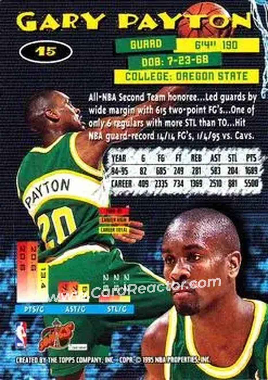 1995-96 Stadium Club #15 - Gary Payton - Seattle SuperSonics - Back