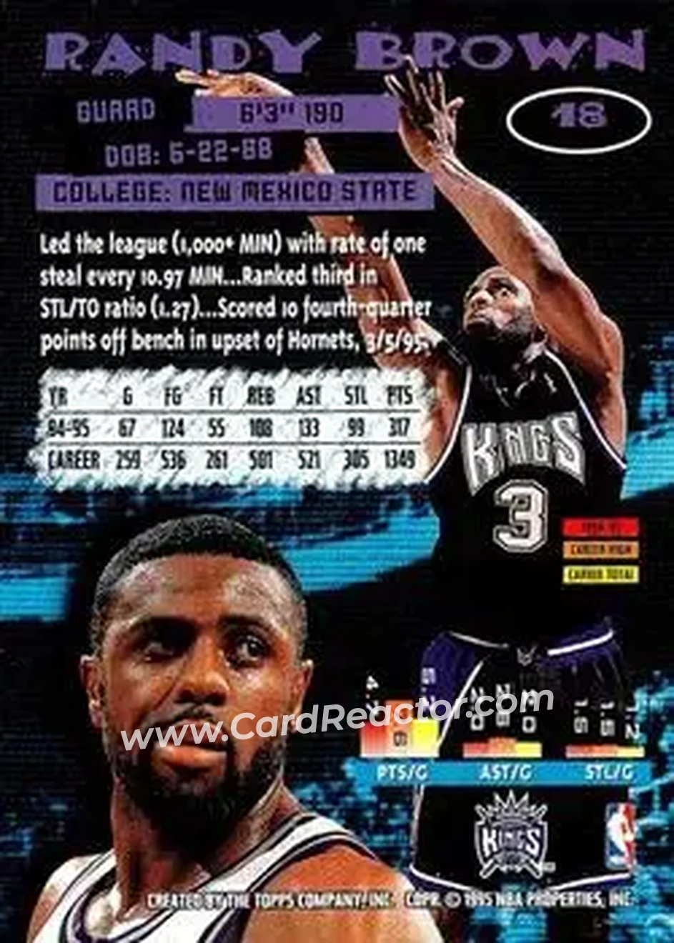 1995-96 Stadium Club #18 - Randy Brown - Sacramento Kings - Back