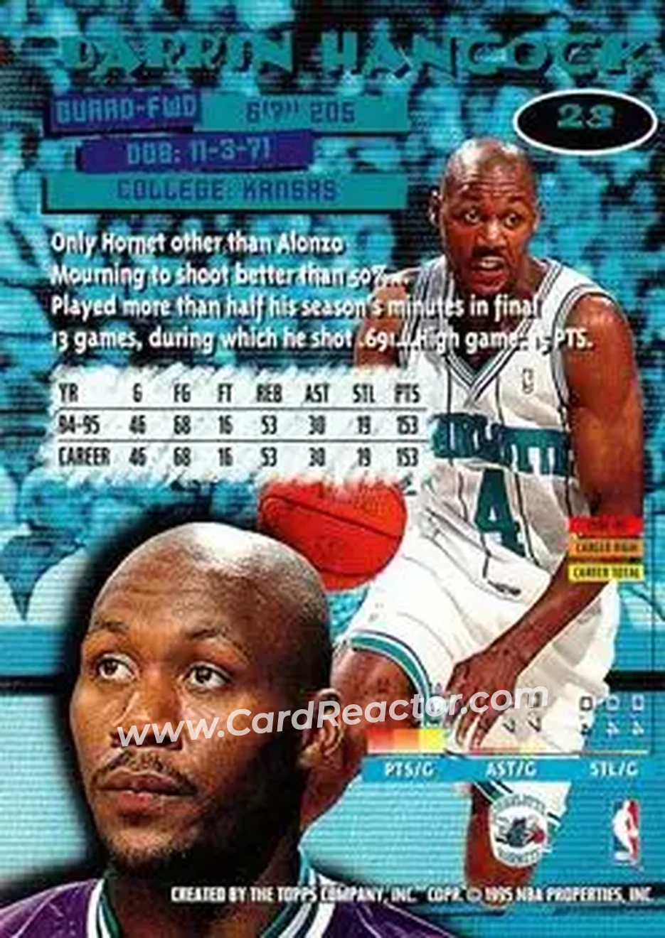 1995-96 Stadium Club #23 - Darrin Hancock - Charlotte Hornets - Back