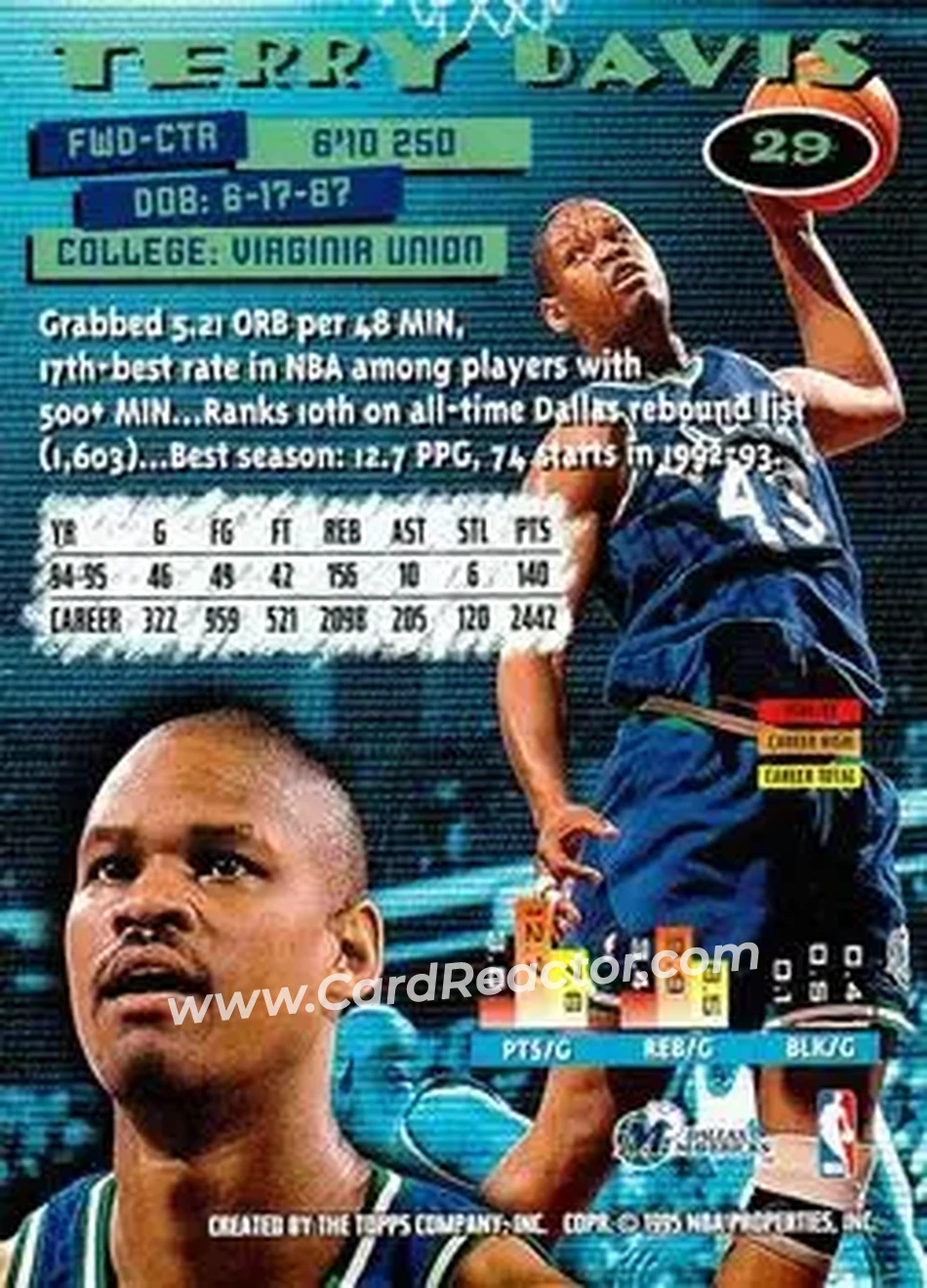 1995-96 Stadium Club #29 - Terry Davis - Dallas Mavericks - Back