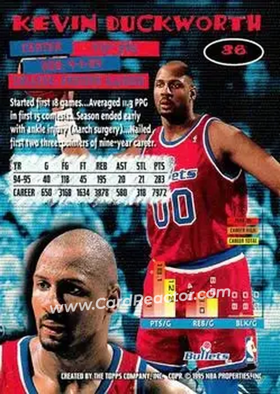 1995-96 Stadium Club #36 - Kevin Duckworth - Washington Bullets - Back