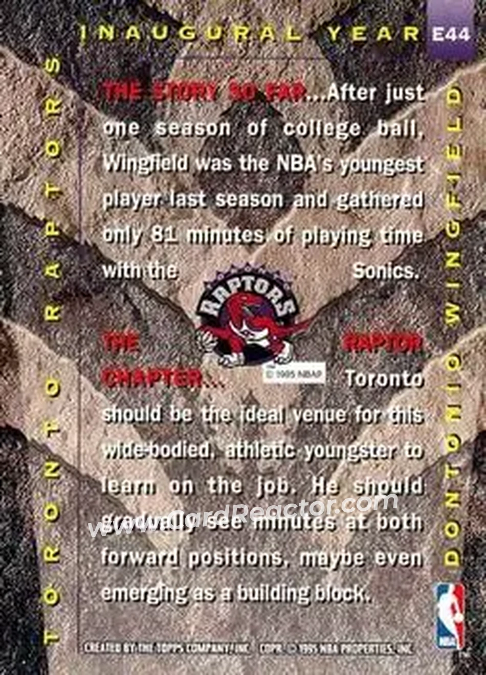 1995-96 Stadium Club #E44 - Dontonio Wingfield - Toronto Raptors - Back