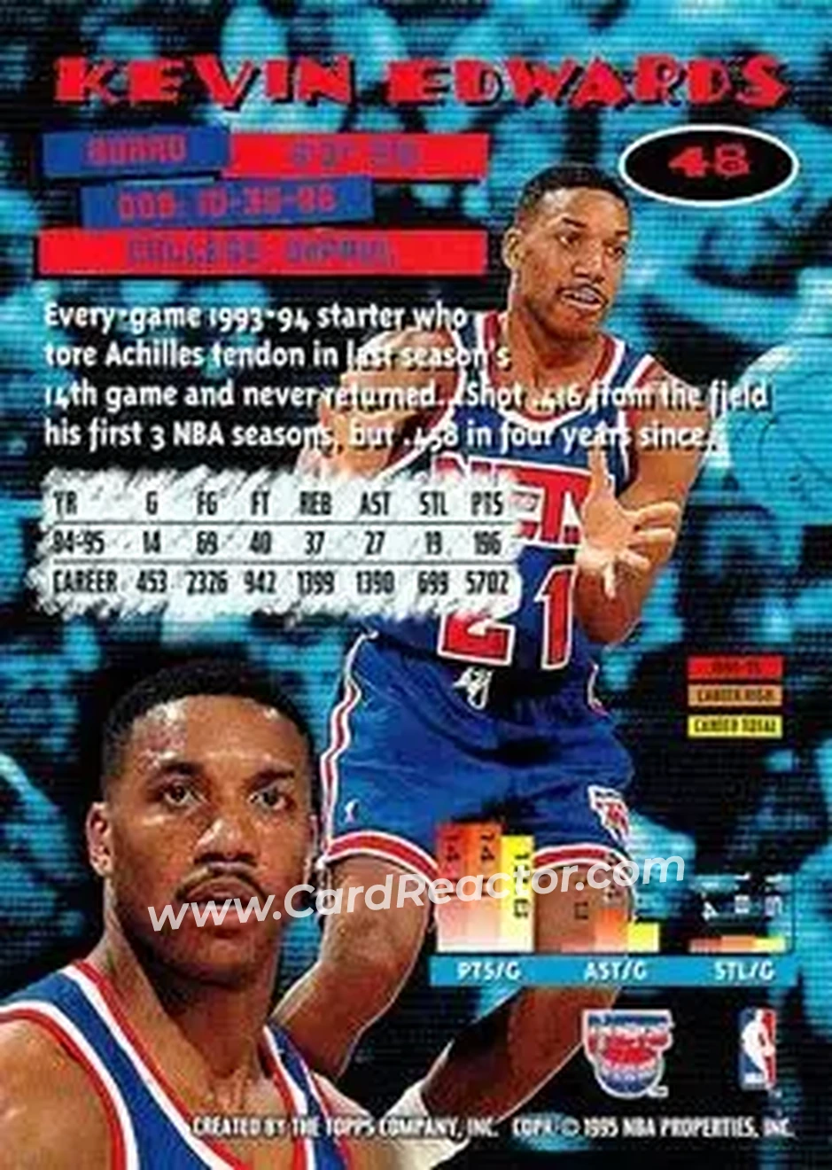 1995-96 Stadium Club #48 - Kevin Edwards - New Jersey Nets - Back