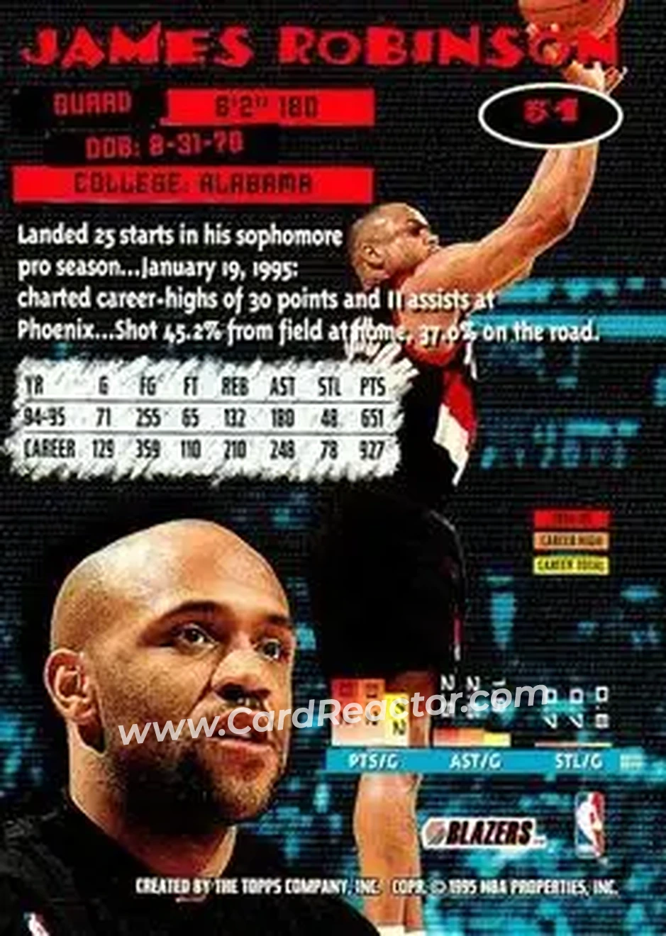 1995-96 Stadium Club #51 - James Robinson - Portland Trail Blazers - Back