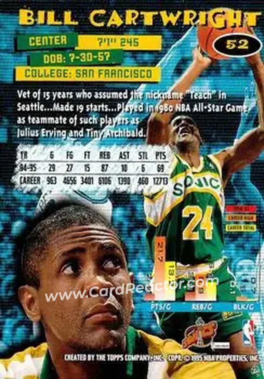 1995-96 Stadium Club #52 - Bill Cartwright - Seattle SuperSonics - Back