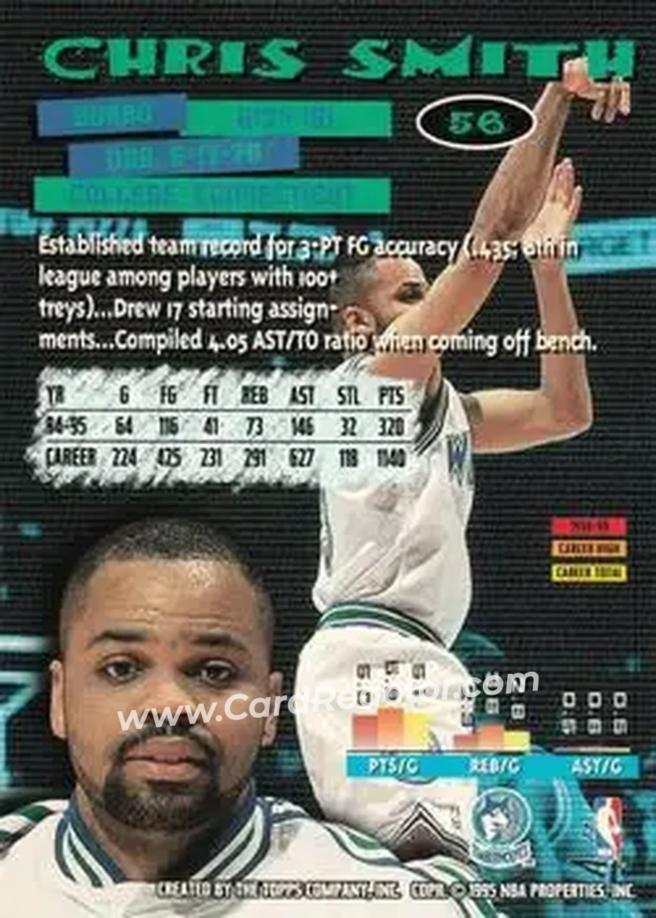 1995-96 Stadium Club #56 - Chris Smith - Minnesota Timberwolves - Back