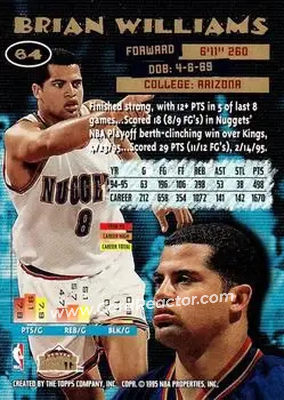 1995-96 Stadium Club #64 - Bison Dele - Denver Nuggets - Back