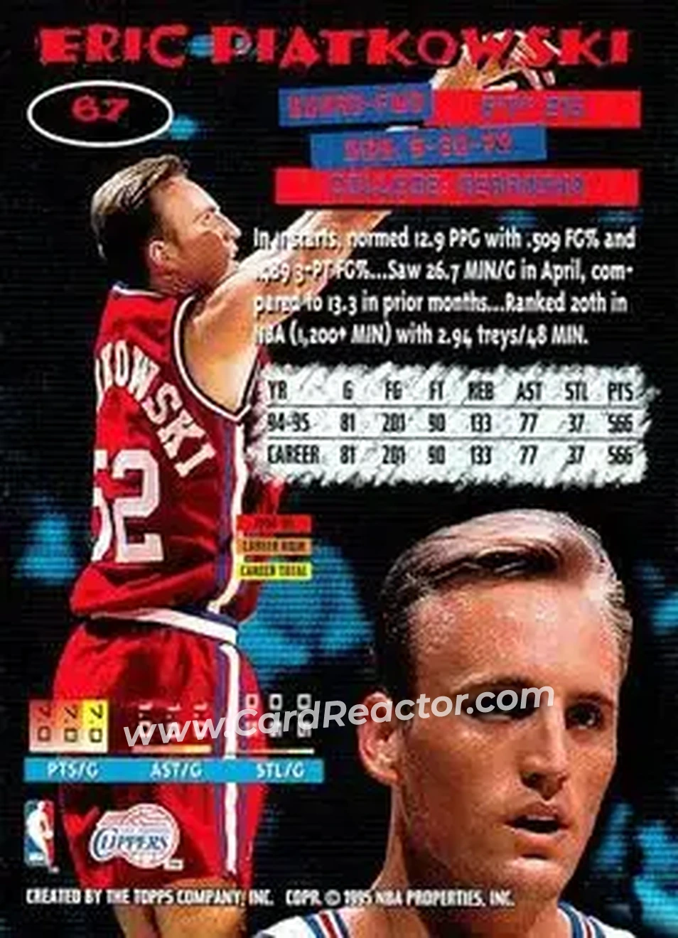1995-96 Stadium Club #67 - Eric Piatkowski - Los Angeles Clippers - Back
