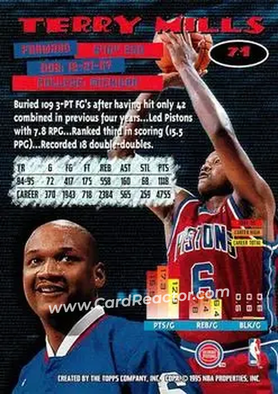 1995-96 Stadium Club #71 - Terry Mills - Detroit Pistons - Back