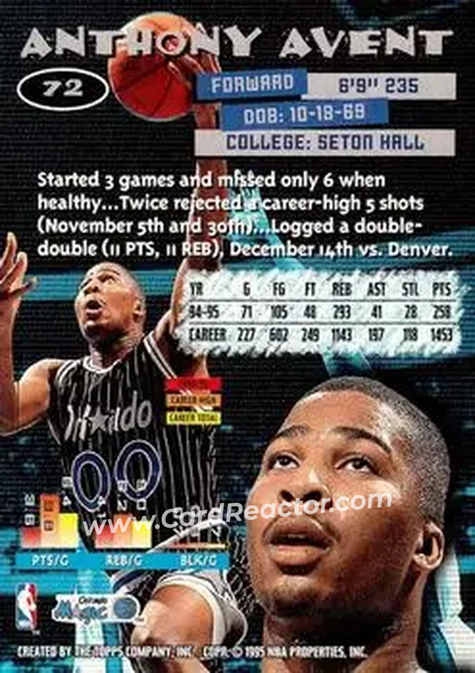 1995-96 Stadium Club #72 - Anthony Avent - Orlando Magic - Back
