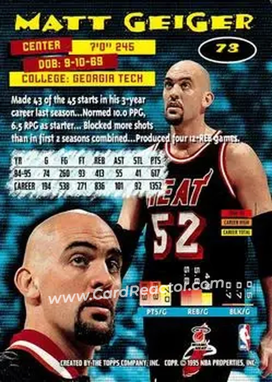 1995-96 Stadium Club #73 - Matt Geiger - Miami Heat - Back