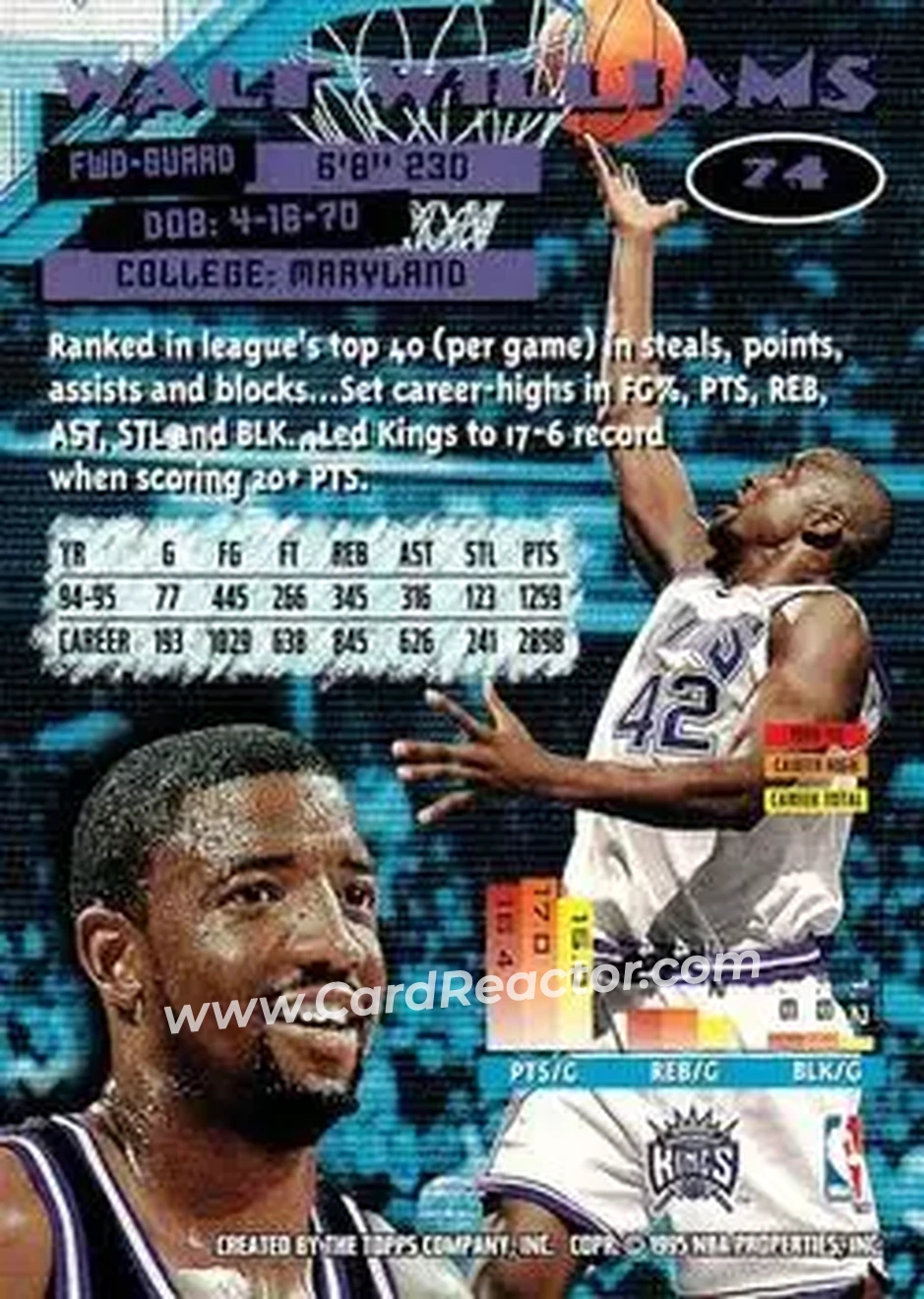 1995-96 Stadium Club #74 - Walt Williams - Sacramento Kings - Back
