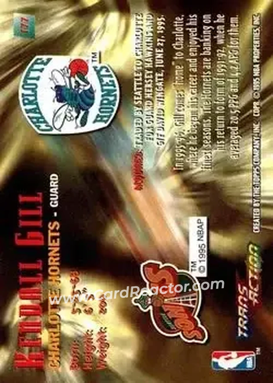 1995-96 Stadium Club #T77 - Kendall Gill - Charlotte Hornets - Back