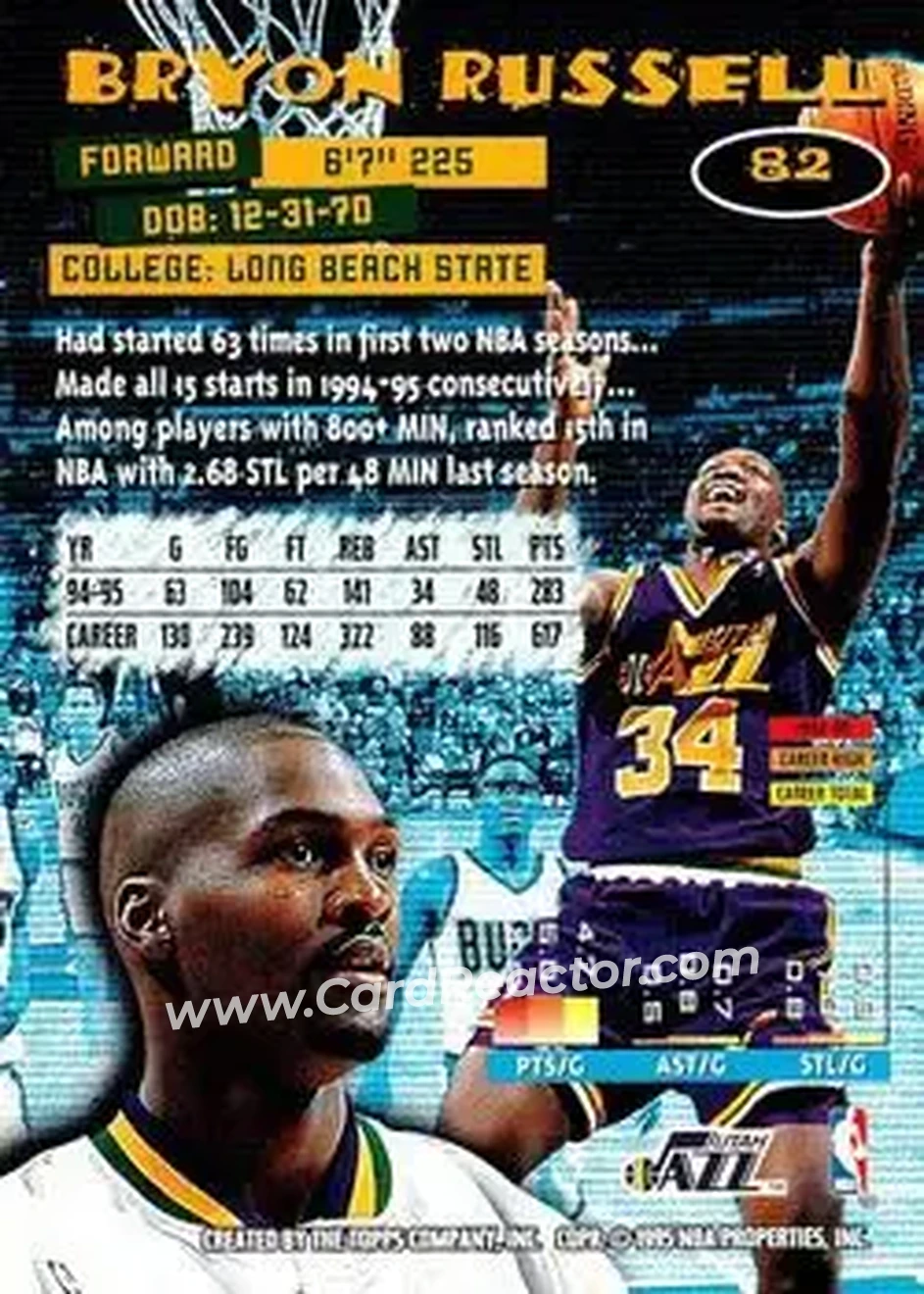 1995-96 Stadium Club #82 - Bryon Russell - Utah Jazz - Back