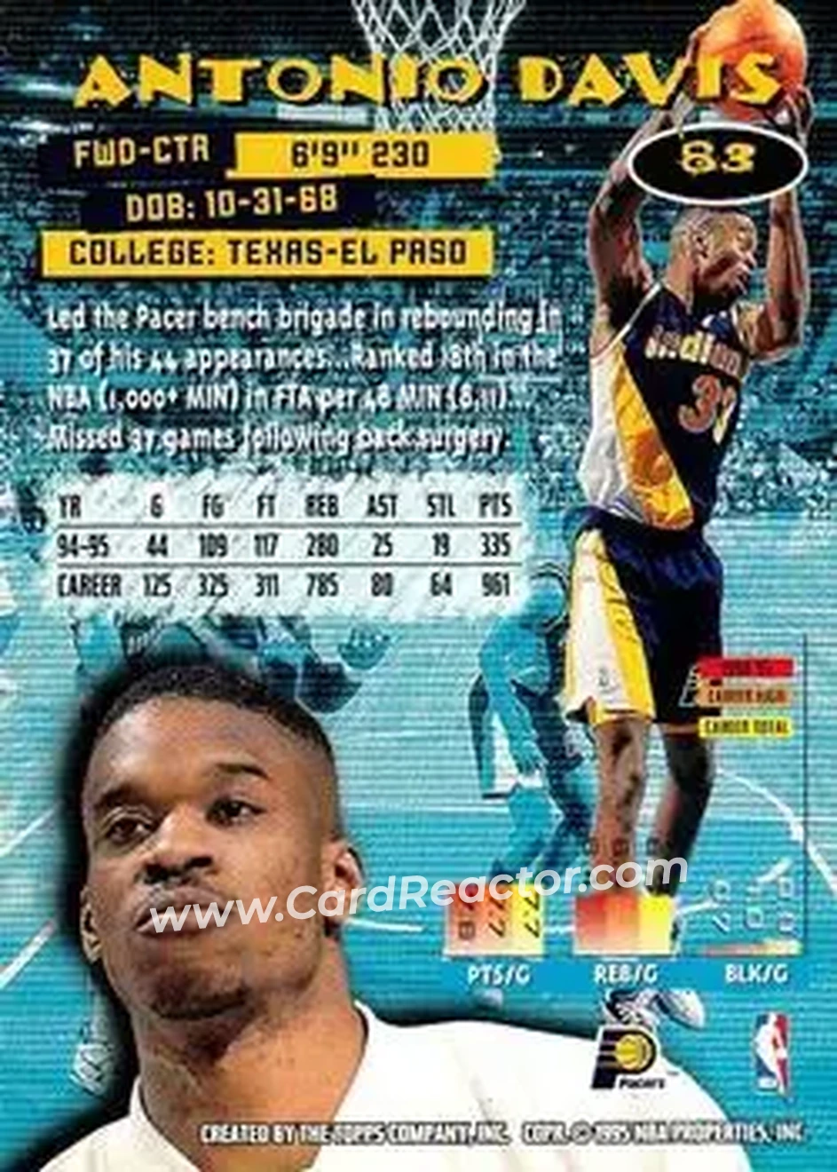 1995-96 Stadium Club #83 - Antonio Davis - Indiana Pacers - Back