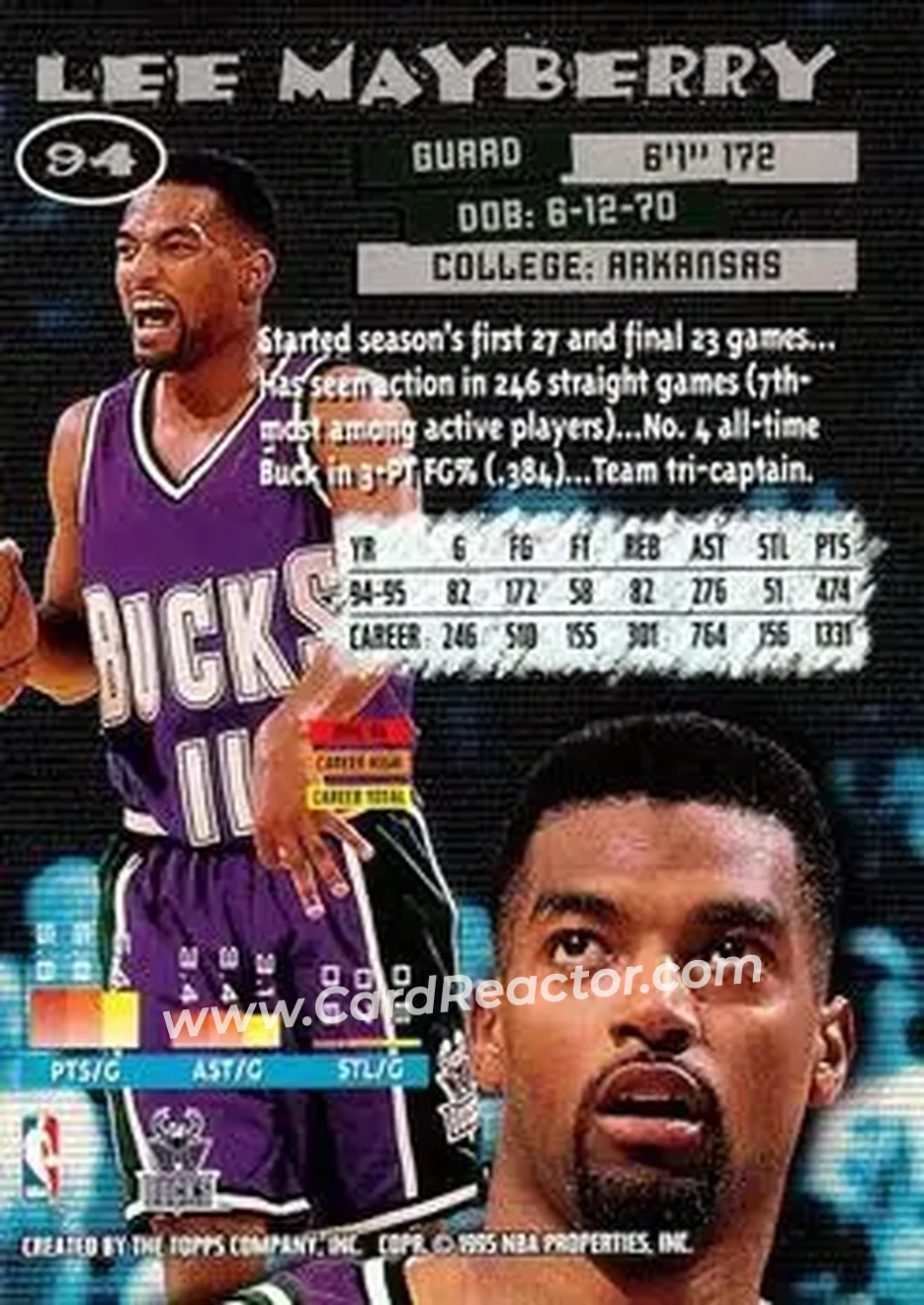 1995-96 Stadium Club #94 - Lee Mayberry - Milwaukee Bucks - Back