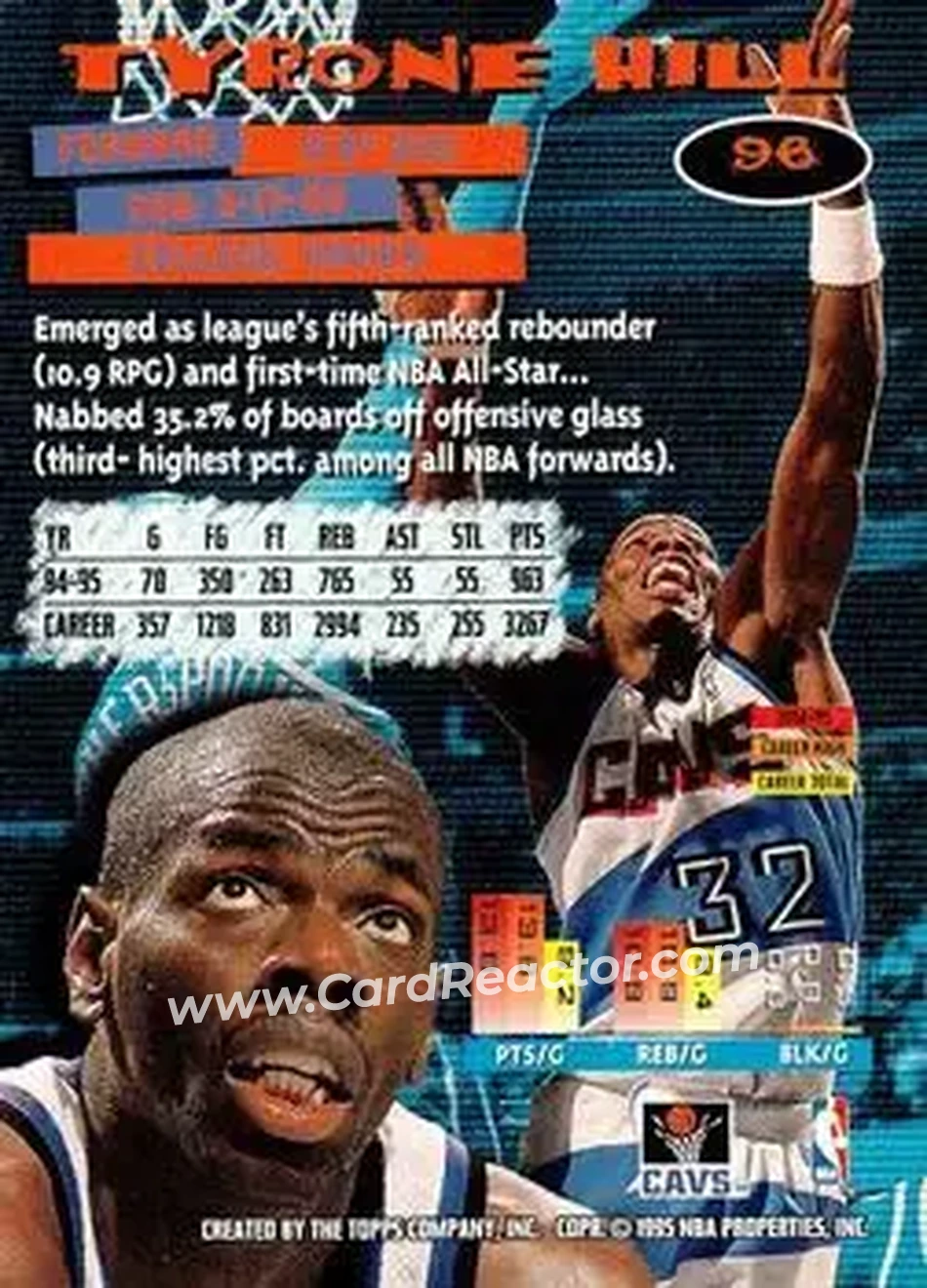 1995-96 Stadium Club #96 - Tyrone Hill - Cleveland Cavaliers - Back