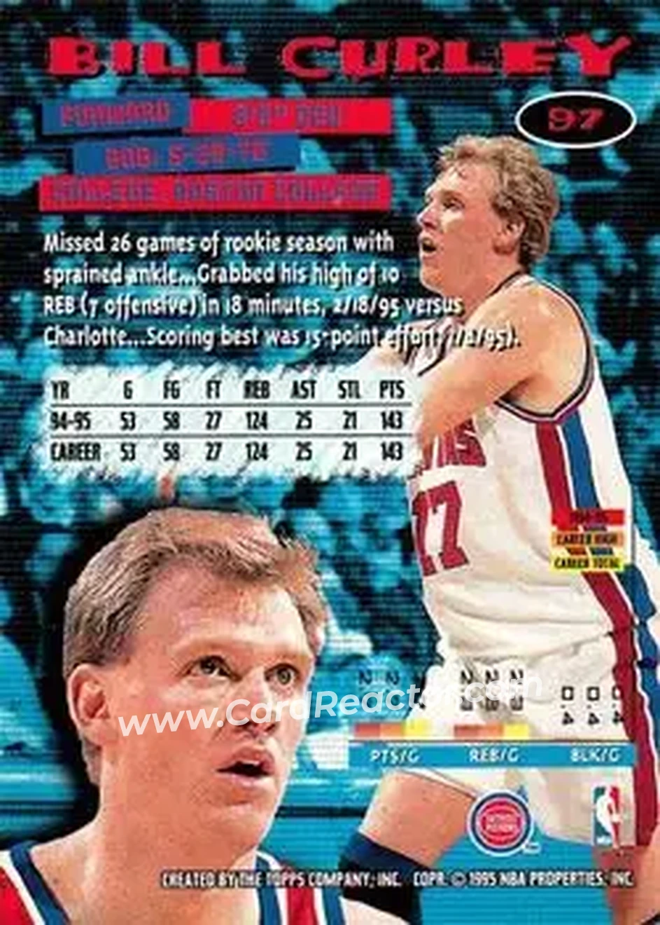 1995-96 Stadium Club #97 - Bill Curley - Detroit Pistons - Back