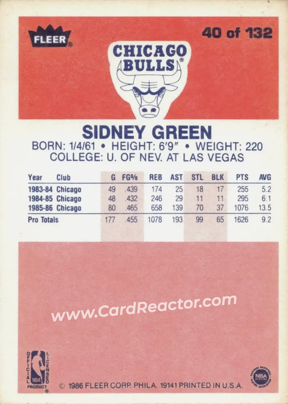 1986-87 Fleer #40 - Sidney Green - Chicago Bulls - Back