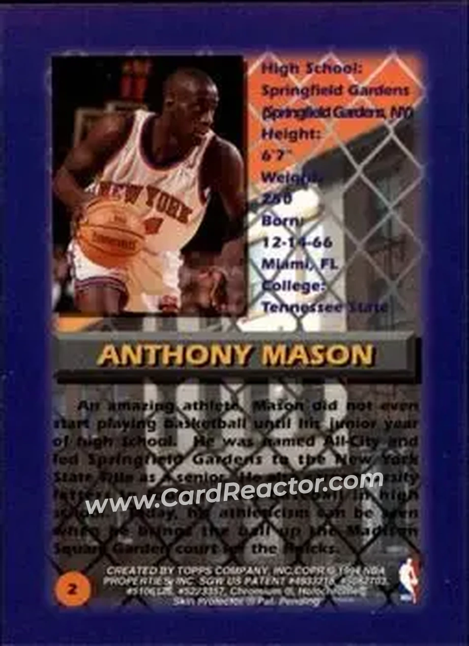 1994-95 Finest #2 - Anthony Mason - New York Knicks - Back