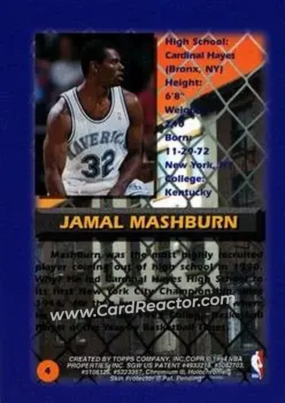 1994-95 Finest #4 - Jamal Mashburn - Dallas Mavericks - Back