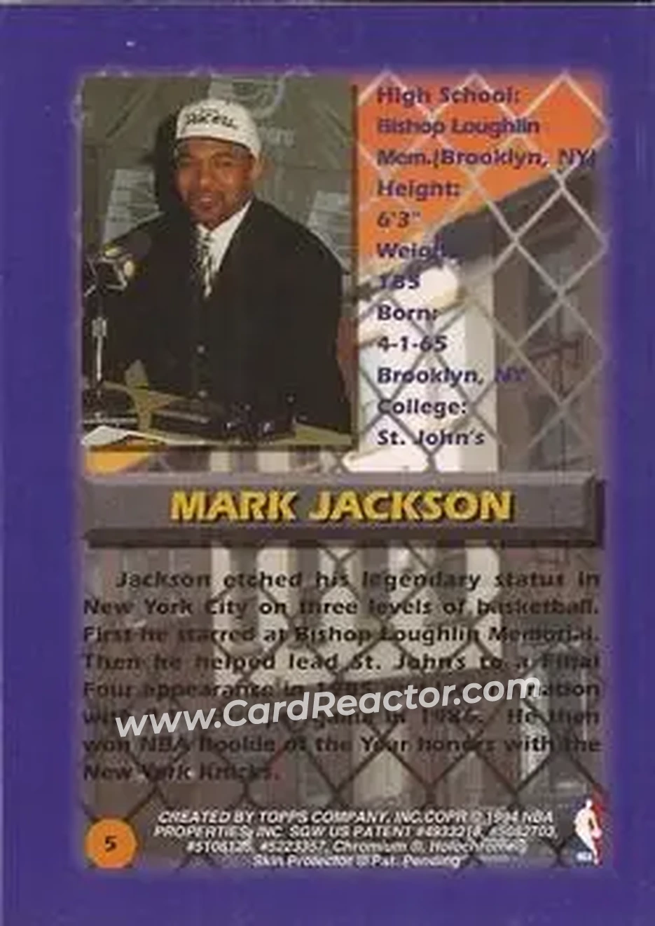 1994-95 Finest #5 - Mark Jackson - Indiana Pacers - Back