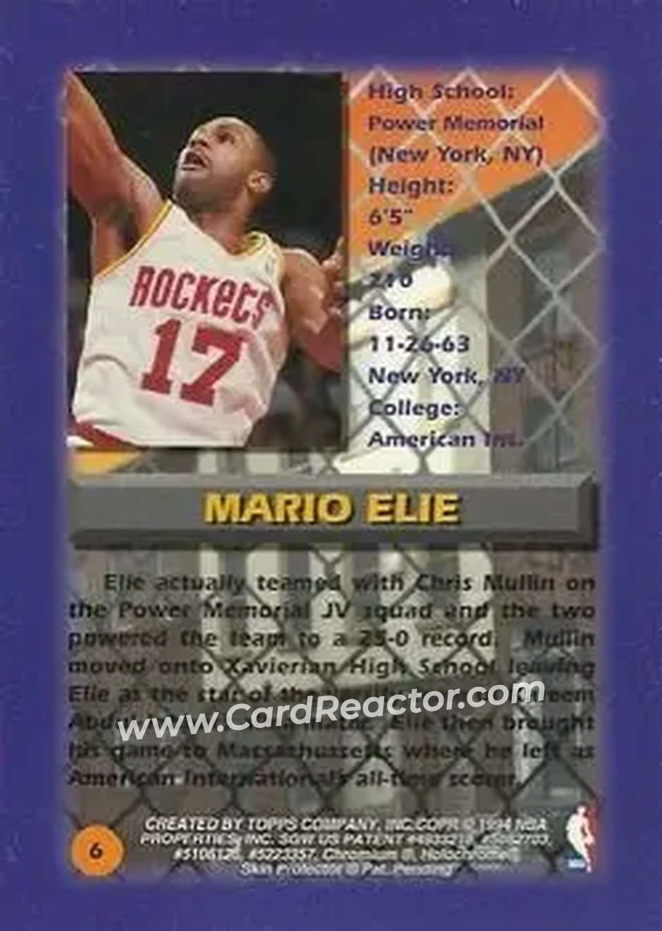 1994-95 Finest #6 - Mario Elie - Houston Rockets - Back