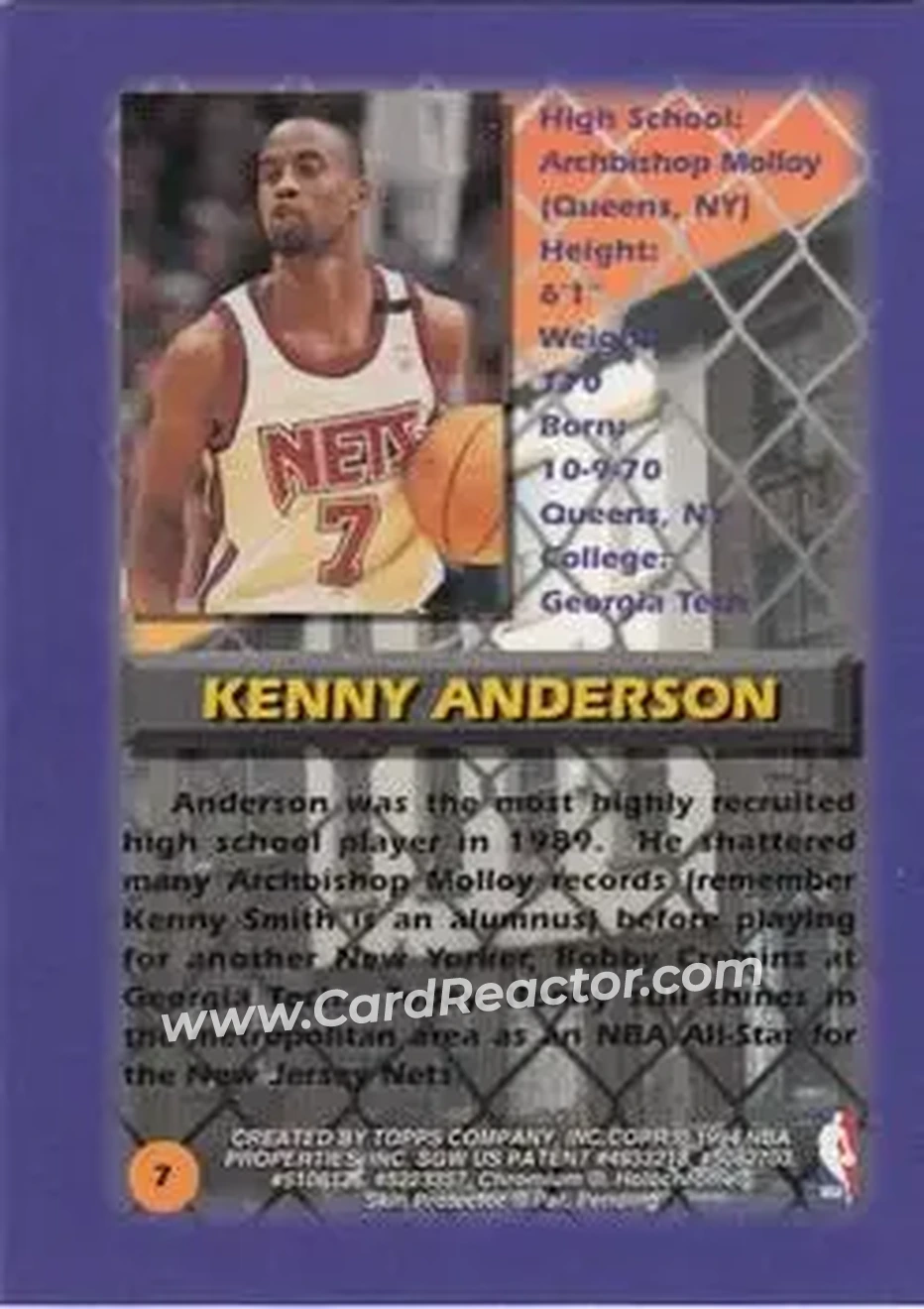 1994-95 Finest #7 - Kenny Anderson - New Jersey Nets - Back