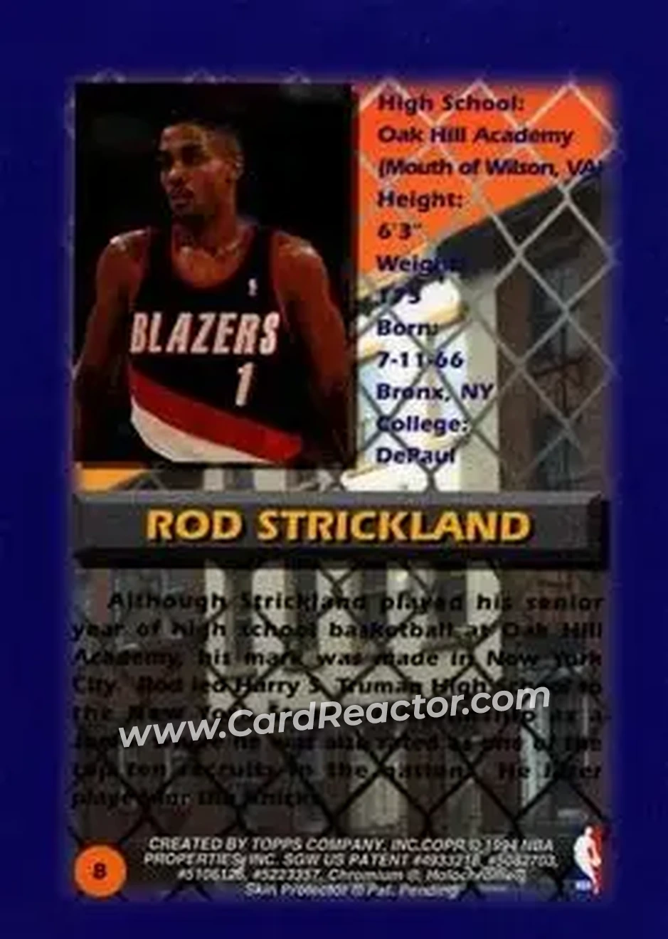 1994-95 Finest #8 - Rod Strickland - Portland Trail Blazers - Back