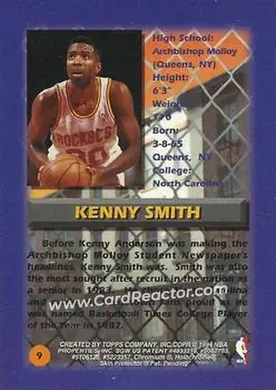 1994-95 Finest #9 - Kenny Smith - Houston Rockets - Back