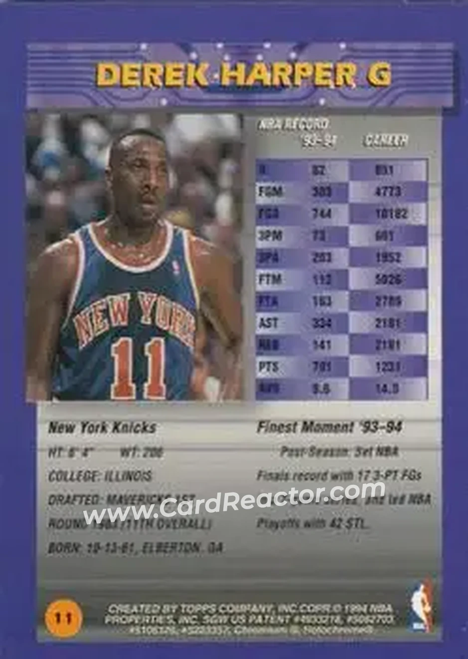 1994-95 Finest #11 - Derek Harper - New York Knicks - Back