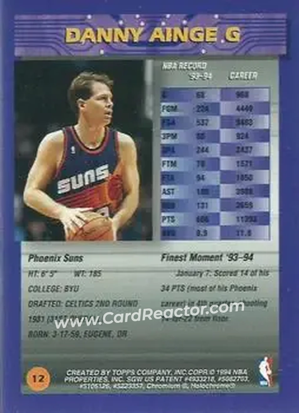 1994-95 Finest #12 - Danny Ainge - Phoenix Suns - Back