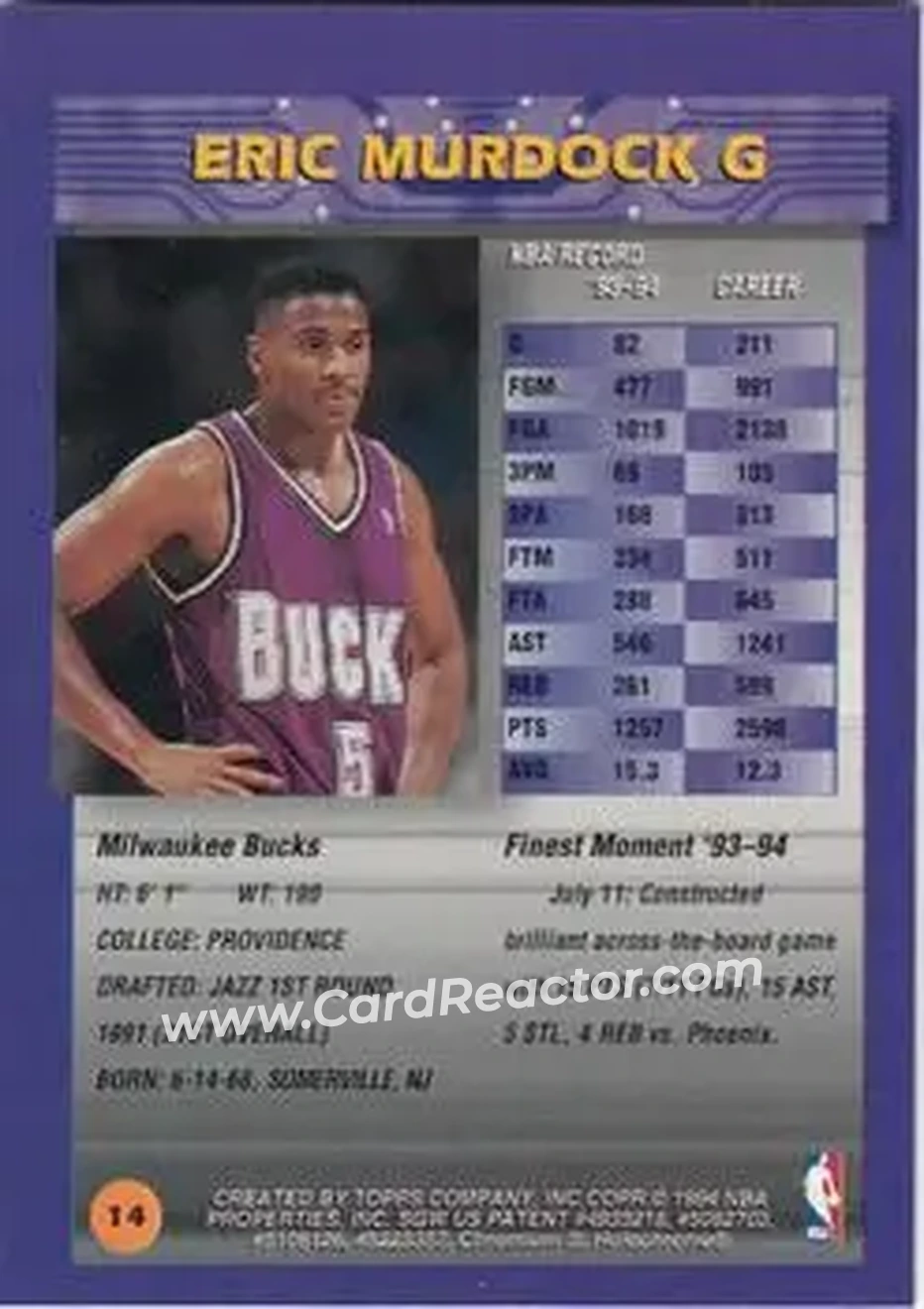 1994-95 Finest #14 - Eric Murdock - Milwaukee Bucks - Back