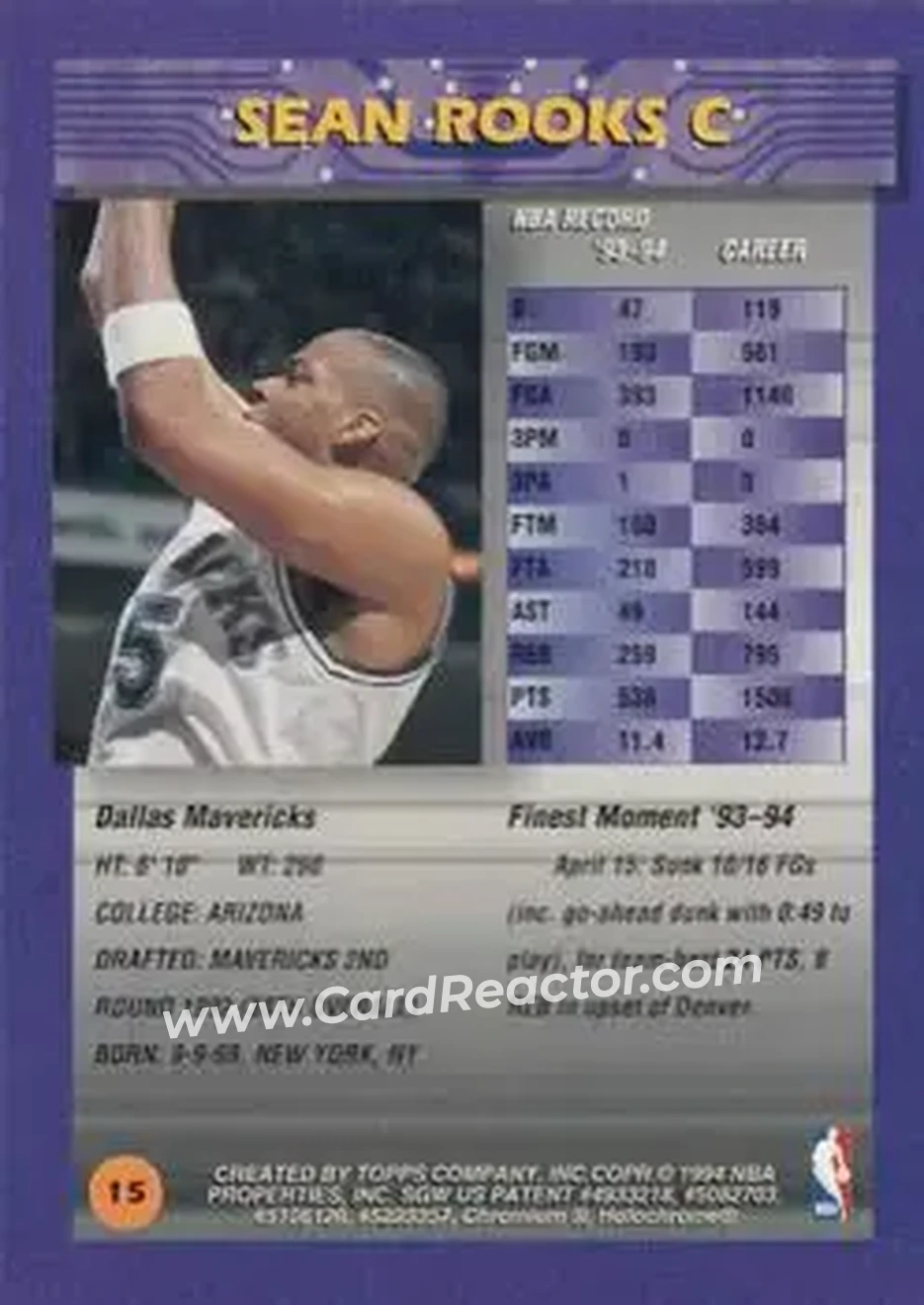 1994-95 Finest #15 - Sean Rooks - Dallas Mavericks - Back