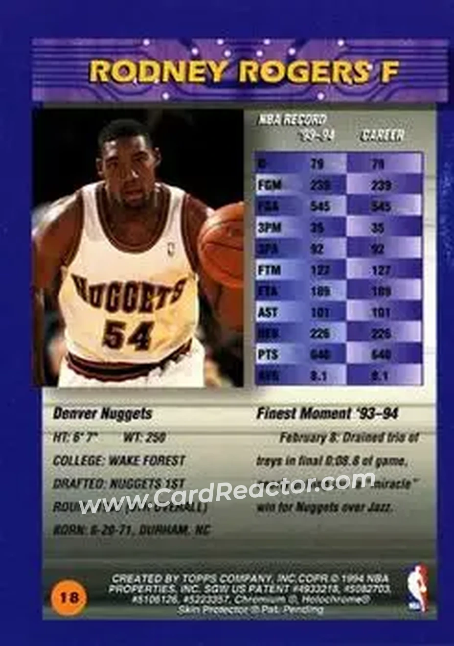 1994-95 Finest #18 - Rodney Rogers - Denver Nuggets - Back
