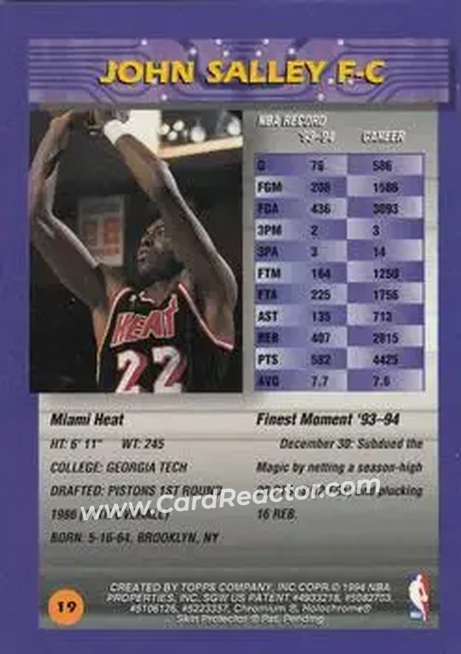 1994-95 Finest #19 - John Salley - Miami Heat - Back