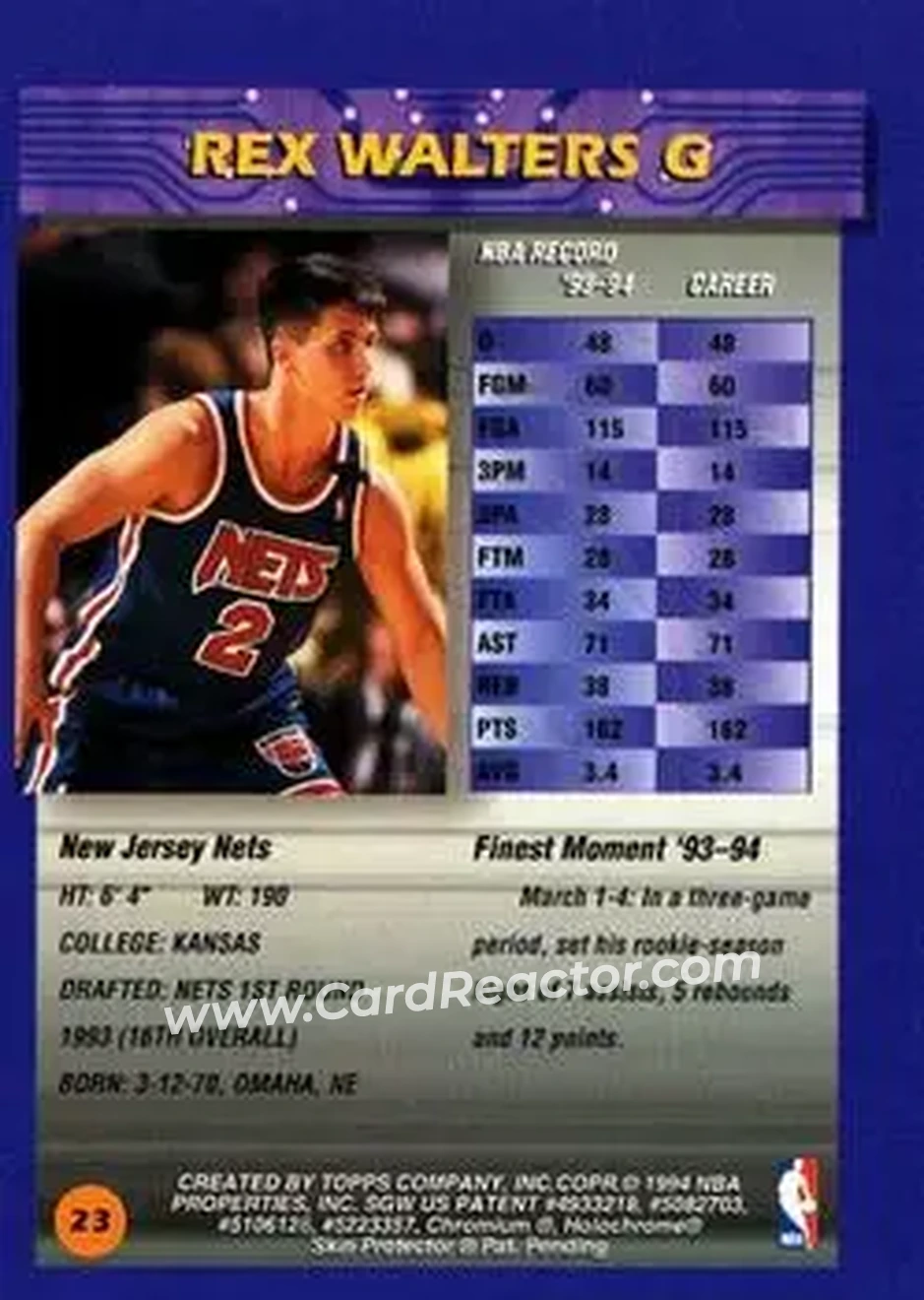 1994-95 Finest #23 - Rex Walters - New Jersey Nets - Back